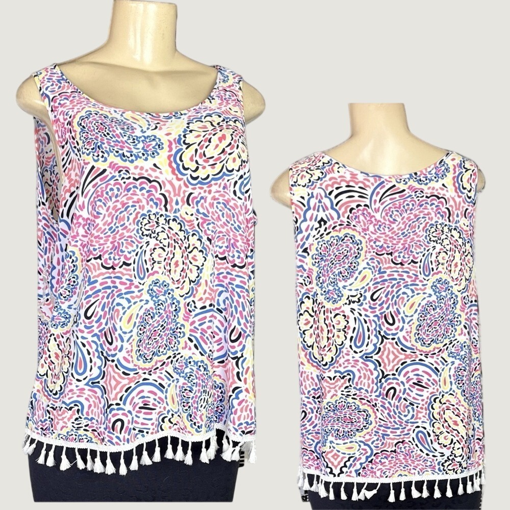 Cappagallo L Tropical Pink Multi Paisley Scoop Neck Tassel Fringe Hem Tank Top